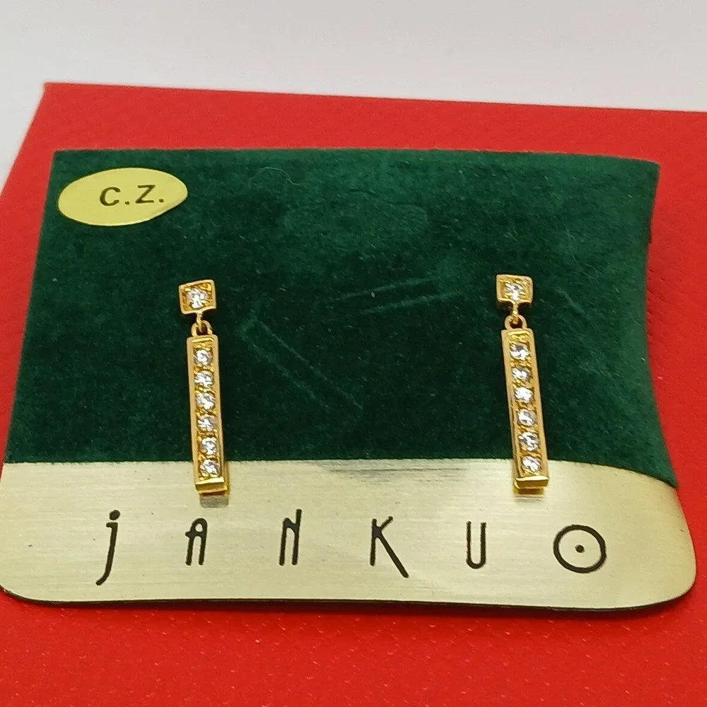 JANKUO Vintage 1990s Gold Tone Cubic Zirconia CZ Bar Drop Earrings Rare New - Picture 5 of 16
